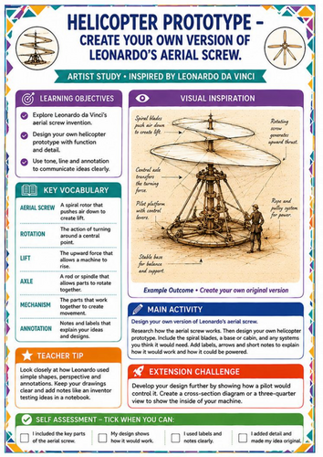 Leonardo da Vinci Helicopter Worksheet – Aerial Screw Invention & Design KS3
