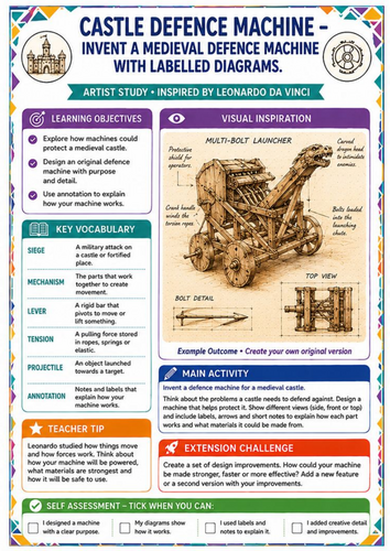 Leonardo da Vinci Castle Defence Machine Worksheet – Medieval Invention KS3 Art