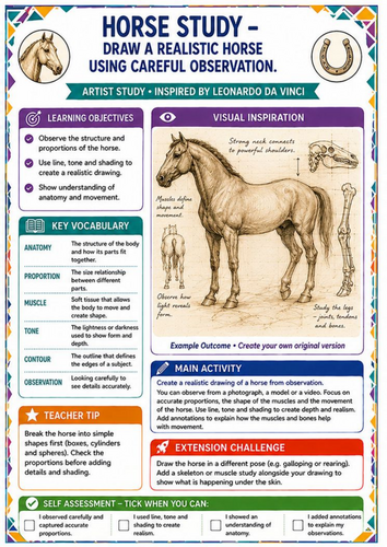 Leonardo da Vinci Horse Drawing Worksheet – Animal Anatomy & Observation KS3 Art