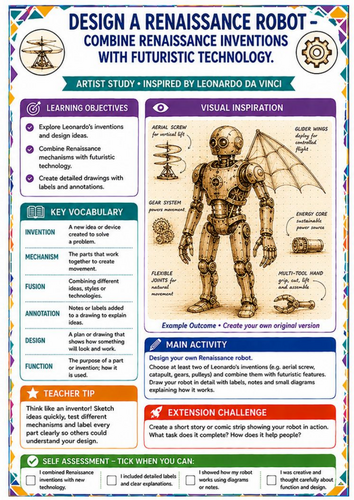 Leonardo da Vinci Renaissance Robot Worksheet – Invention & Futuristic Design KS3 Art