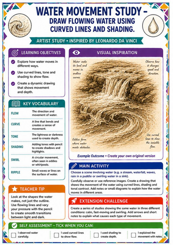 Leonardo da Vinci Water Drawing Worksheet – Movement, Curved Lines & Shading KS3 Art