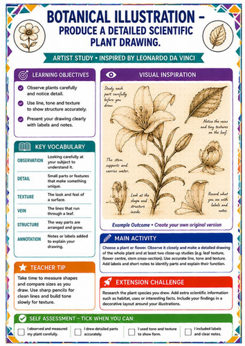 Leonardo da Vinci Botanical Illustration Worksheet – Plant Observational Drawing KS3 Art
