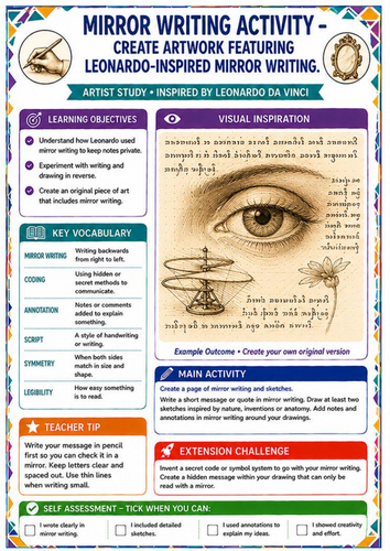 Leonardo da Vinci Mirror Writing Worksheet – Drawing, Coding & Creative Art KS3