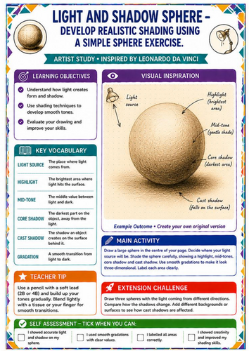 Light and Shadow Shading Worksheet – Leonardo da Vinci Tonal Drawing KS3 Art