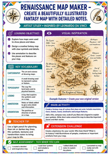 Leonardo da Vinci Renaissance Map Making Worksheet – Fantasy Map Drawing KS3 Art