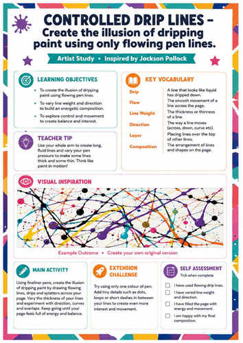 Jackson Pollock Controlled Drip Lines Art Worksheet | KS3 Art Cover Lesson