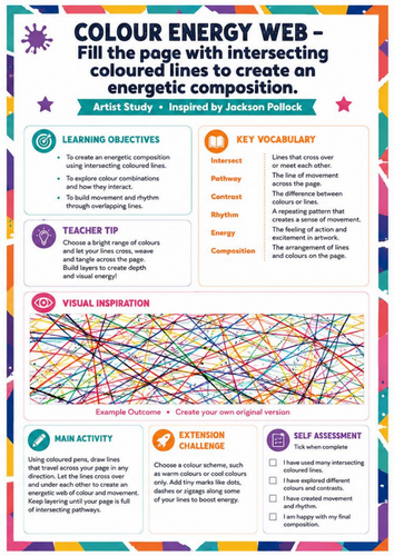 Jackson Pollock Colour Energy Web Worksheet | KS3 Abstract Art Cover Lesson