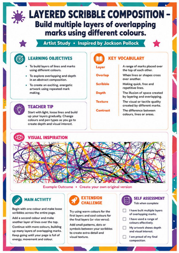 Jackson Pollock Layered Scribble Composition Worksheet | KS3 Abstract Art