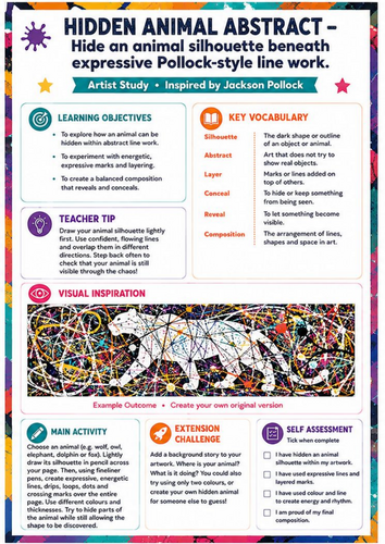 Jackson Pollock Hidden Animal Abstract Worksheet | Creative KS3 Art Lesson