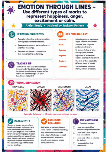 Jackson Pollock Emotion Through Lines Worksheet | KS3 Expressive Art Lesson