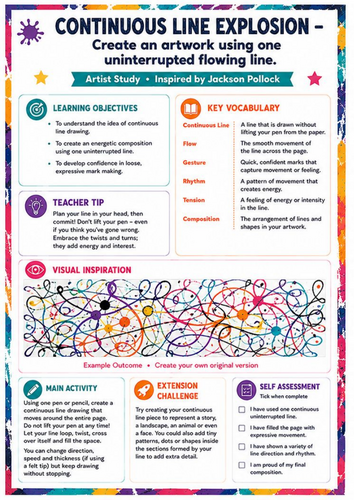 Jackson Pollock Continuous Line Explosion Worksheet | KS3 Art Cover Lesson