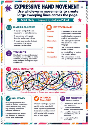 Jackson Pollock Expressive Hand Movement Worksheet | KS3 Action Art Lesson