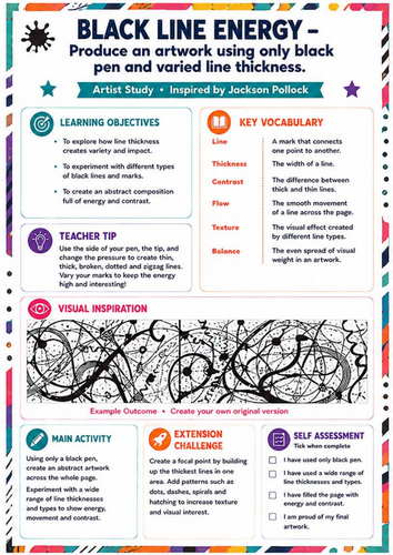 Jackson Pollock Black Line Energy Worksheet | KS3 Monochrome Art Lesson