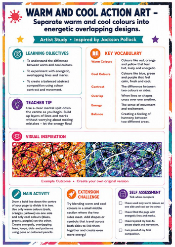 Jackson Pollock Warm & Cool Colours Worksheet | KS3 Action Art Cover Lesson