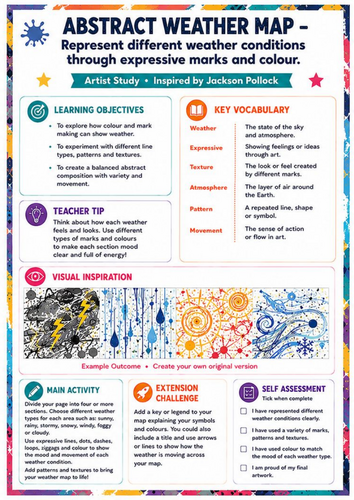 Jackson Pollock Abstract Weather Map Worksheet | KS3 Art Cover Lesson