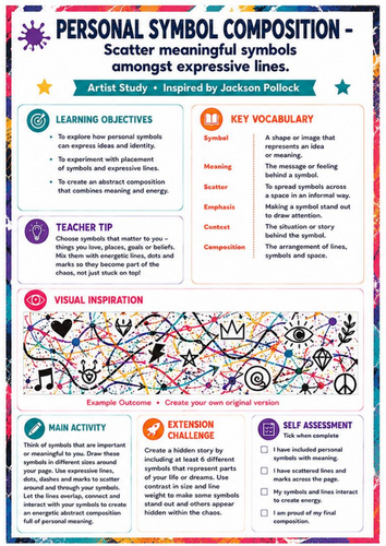 Jackson Pollock Personal Symbol Composition Worksheet | KS3 Art Lesson