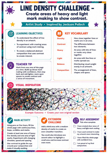 Jackson Pollock Line Density Challenge Worksheet | KS3 Abstract Art