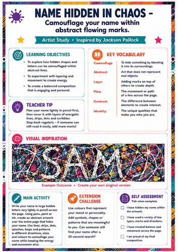 Jackson Pollock Name Hidden in Chaos Worksheet | KS3 Art & Identity Lesson