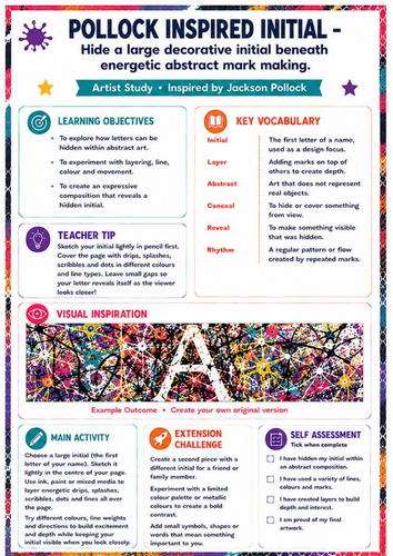 Jackson Pollock Inspired Initial Worksheet | KS3 Name & Identity Art Activity