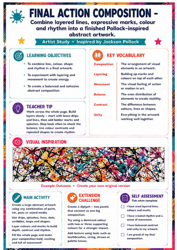 Jackson Pollock Final Action Composition Worksheet | KS3 Abstract Art Projec