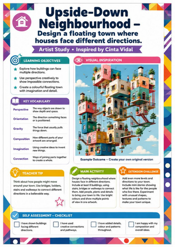Cinta Vidal Artist Study – Upside-Down Neighbourhood | KS3 Perspective Art Worksheet