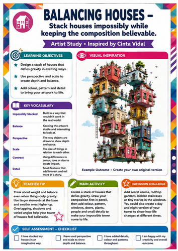 Cinta Vidal Artist Study – Balancing Houses | KS3 Creative Drawing Worksheet