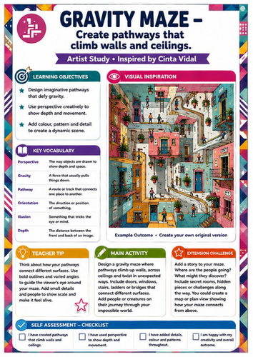 Cinta Vidal Artist Study – Gravity Maze | KS3 Perspective & Creative Drawing Worksheet