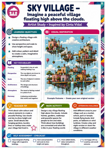 Cinta Vidal Artist Study – Sky Village | KS3 Floating Architecture Art Worksheet