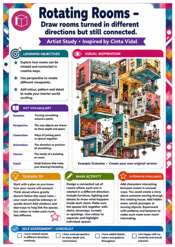 Cinta Vidal Artist Study – Rotating Rooms | KS3 Perspective & Interior Drawing Worksheet