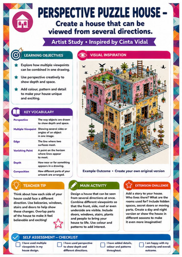 Cinta Vidal Artist Study – Perspective Puzzle House | KS3 Perspective Drawing Worksheet