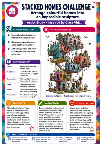 Cinta Vidal Artist Study – Stacked Homes Challenge | KS3 Creative Drawing Worksheet