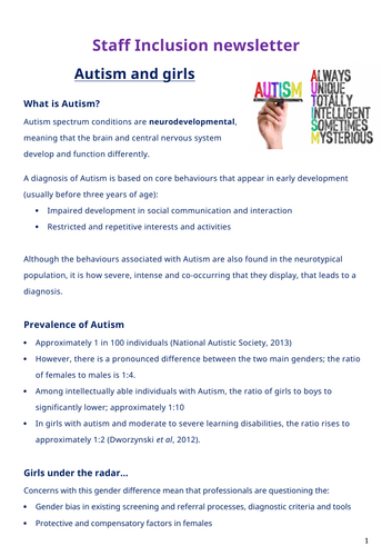 Staff inclusion newsletter - Girls and Autism