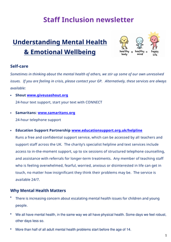 Staff inclusion newsletter - Understanding mental health and emotional wellbeing