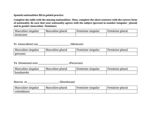 Spanish nationalities fill in guided practice