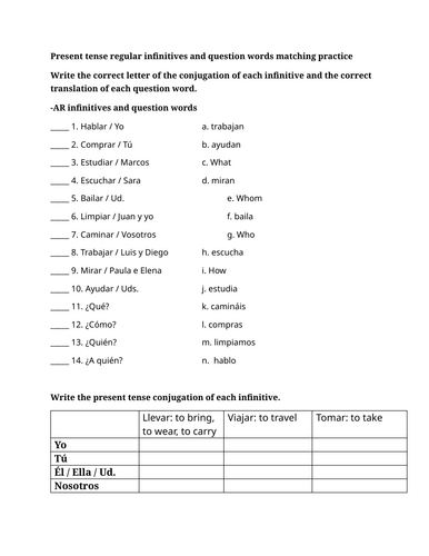 Present tense regular infinitives and question words matching practice