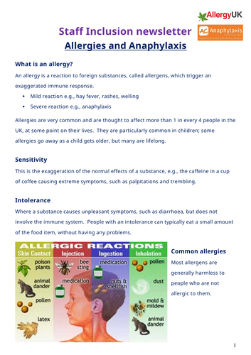 Staff inclusion newsletter - Allergies and anaphylaxis