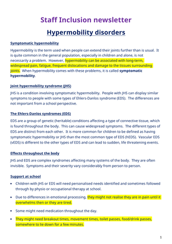 Staff inclusion newsletter - Hypermobility disorders