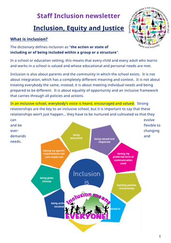 Staff inclusion newsletter - Inclusion, Equity and Justice