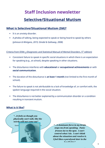 Staff inclusion newsletter - Selective/Situational Mutism