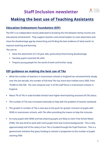Staff inclusion newsletter - EEF and maximising the best use of TAs