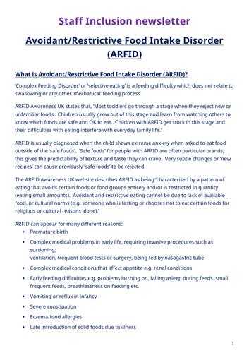 Staff inclusion newsletter - Avoidant/restrictive food intake disorder (ARFID)
