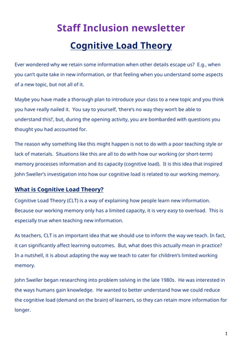 Staff inclusion newsletter - Cognitive load theory