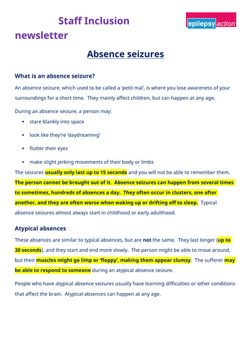 Staff inclusion newsletter - Absence seizures
