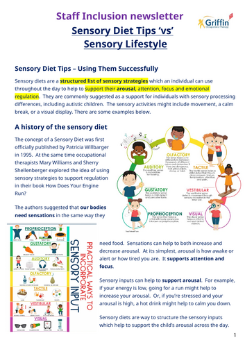 Staff inclusion newsletter - Sensory diets 'vs' sensory lifestyles