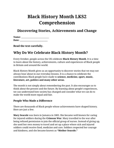 Black History Month LKS2 Comprehension | Reading Comprehension | Black History Month