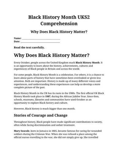 Black History Month UKS2 Comprehension | Year 5 & 6 Reading Comprehension | Black History