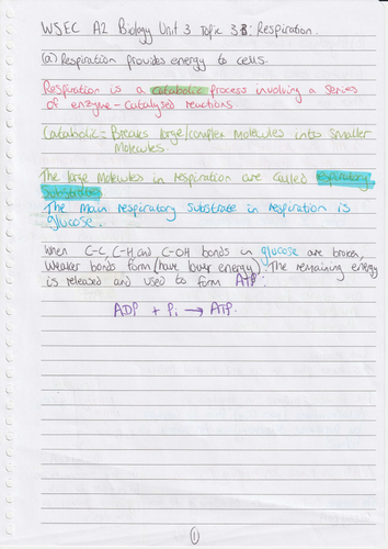 WJEC A level Biology A2 Unit 3 Topic 3.3: Respiration handwriten notes