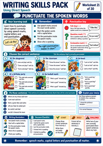 KS2 Direct Speech Worksheets | 10 Challenging Speech Marks Activities | Year 3–6 Grammar