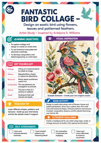 Kristjana S. Williams Inspired Fantastic Bird Collage | KS3 Art Worksheet