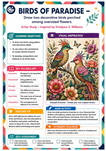 Kristjana S. Williams Inspired Birds of Paradise | KS3 Art Worksheet